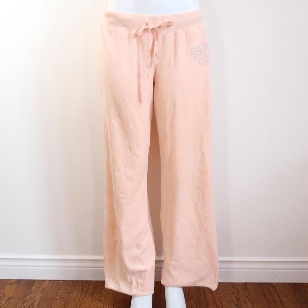 y2k peach terry cloth flare track pants rhinestone heart coquette size L